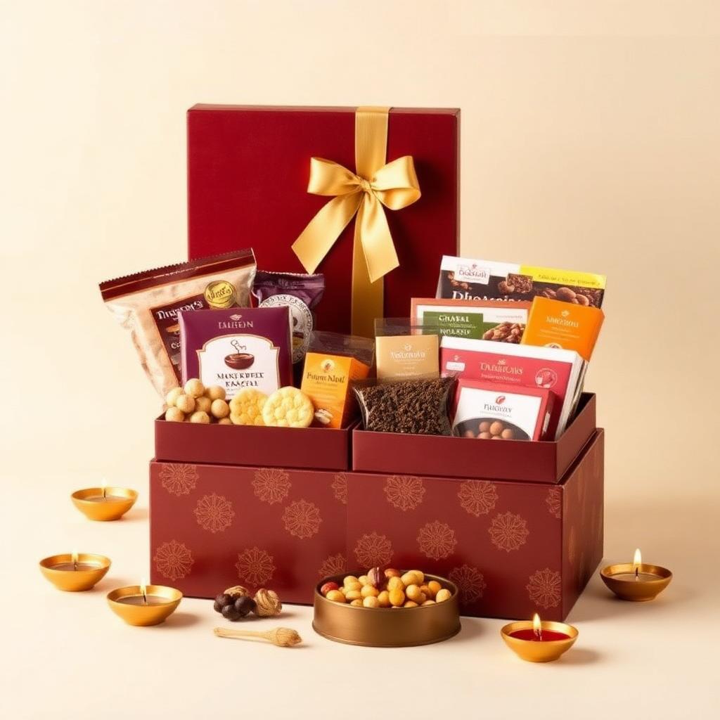 Maroon and gold corporate Diwali hamper filled with mithai and dry fruits