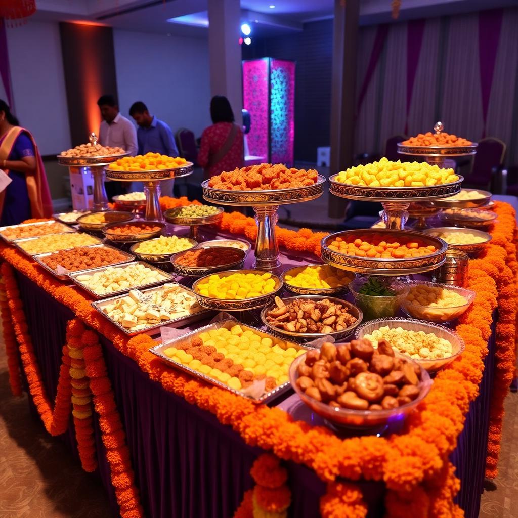 Wedding sweets and farshan counter with trays of mithai on a marigold-draped table
