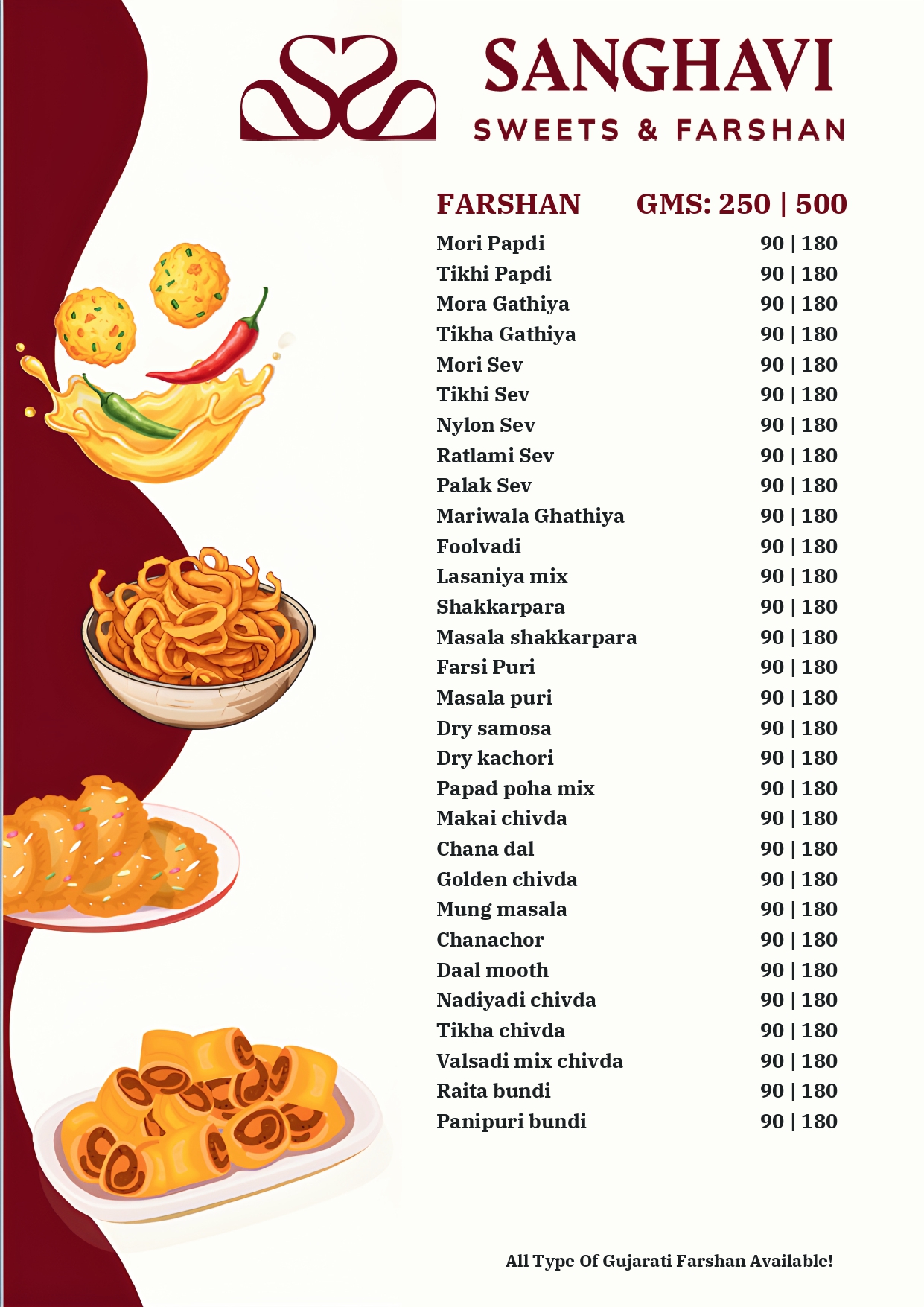Sanghavi Sweets printed farshan menu card with prices